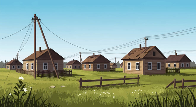 Vector illustration of an abandoned rural village featuring small wooden houses with utility poles and power lines, situated in a green grassy meadow with old wooden fences.