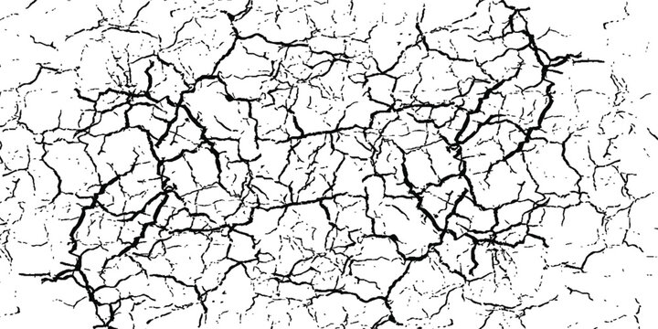Surface cracks and fissures in ground, concrete, crevices from disaster top view. Breaks on land surface from earthquake isolated on white background. Broken ground, wall, glass pattern effect. Damage