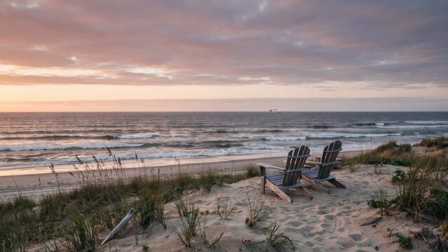 Two wooden adirondack chairs sit on sandy dunes at sunset