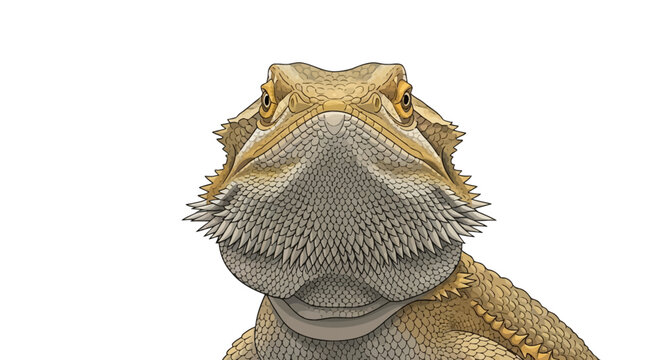 Detailed vector illustration portrait of a bearded dragon lizard on a white background, showing front view of head, prominent scales, and spiky beard texture, Pogona vitticeps.