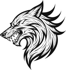 Obraz premium Fierce wolf head, black and white vector, animal illustration, tattoo style design