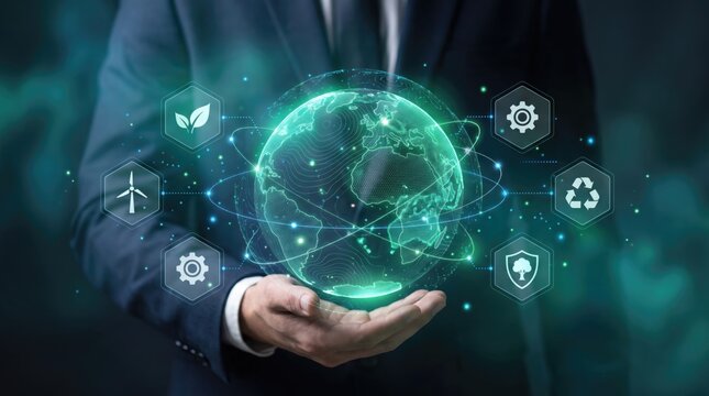 Business professional holding futuristic globe symbolizing global sustainability and technology innovation