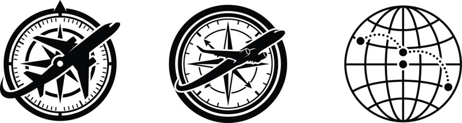 Compass rose with airplane and world globe with flight path route markers for global navigation and travel themes. © jim's Cafe