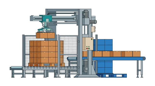 A machine stacks boxes on a pallet in a warehouse loading facility with conveyor belts and robotic arms.