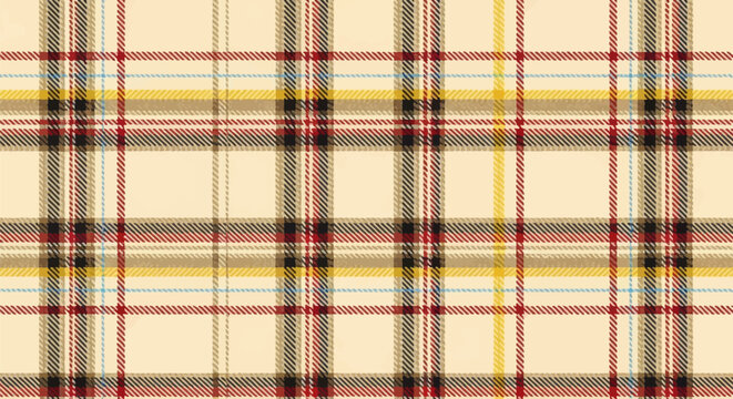 Seamless tartan plaid pattern on cream background featuring crossed red, yellow, black, brown, and light blue stripes. Traditional fabric texture design for textile and fashion.