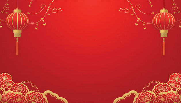 Red Chinese New Year Background with Hanging Lanterns and Decorative Border, Chinese New Year Background with blank space with outline in middle point vector design