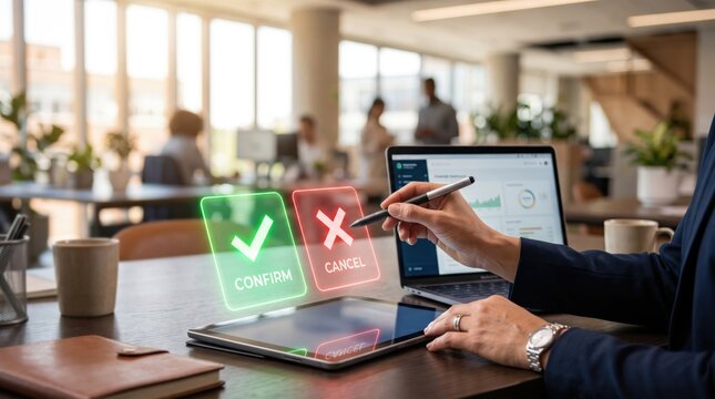 Professional confirming digital transaction with holographic confirm cancel buttons in modern office workspace