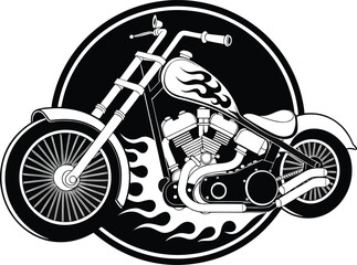 Motorcycle, chopper bike, flame design, black and white, vector icon, motorcycle logo © SetuRani