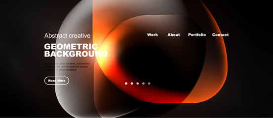 Fototapeta premium Dark background features abstract geometric shapes, orange gradients, text elements, navigation menu. Modern design for website header or banner.