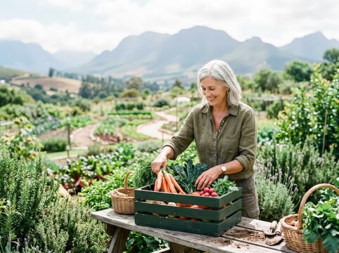 Smiling mature woman harvesting fresh organic vegetables sustainable agriculture garden field