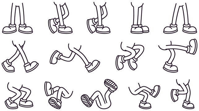Cartoon legs in shoes various poses and walking sequence outline set.
