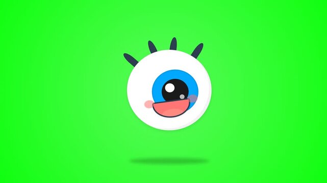 Animated Cartoon Eyeball Character Jumping on Green Screen Background.