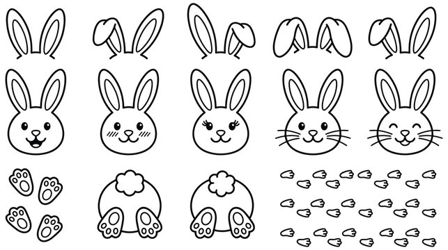 Easter bunny faces ears paws and tail line art.