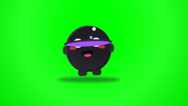 Cute Animated Black Blob Character Jumping Happily on Green Screen Background.