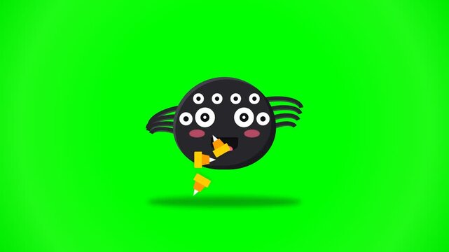 Cute Cartoon Spider Character Eating Candy Corn on Green Screen.