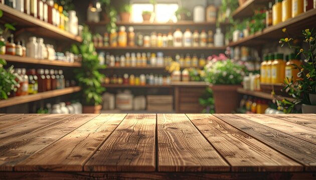 An empty wooden counter, with a blurred backdrop of shelves in a pesticide store.