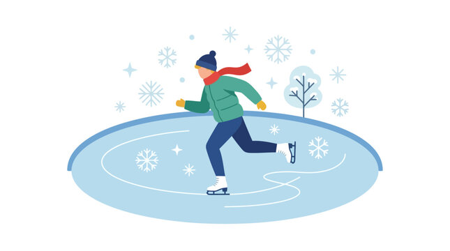 Person ice skating on frozen pond.