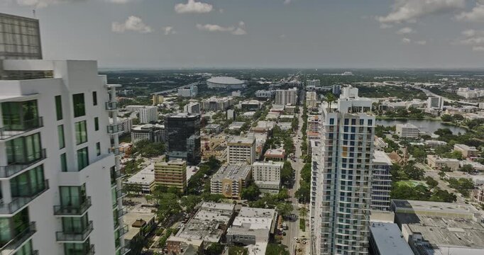 St Petersburg Florida Aerial v36 low flyover downtown towards Tropicana field stadium capturing urban cityscape of waterfront arts district and edge district - Shot with Mavic 3 Cine - September 2022