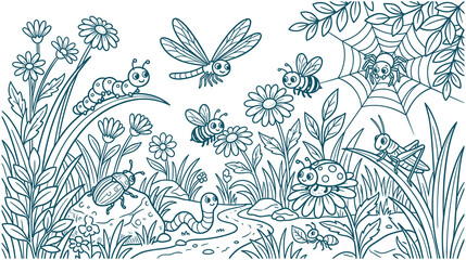 Cute insects and flowers in garden line art illustration. © MDTAZBIRHOSSAIN