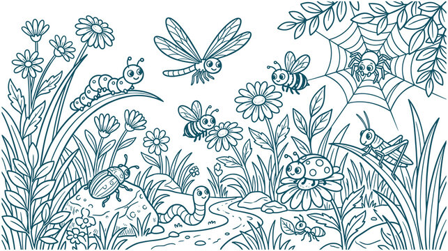 Cute insects and flowers in garden line art illustration.