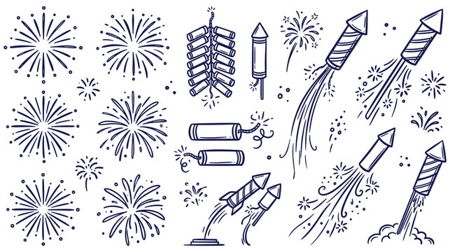 Festive collection of fireworks and pyrotechnic elements for celebration.