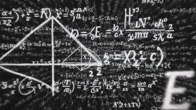 Dynamic Mathematical Universe featuring white hand-drawn physics and math formulas moving through a dark space ideal for educational videos and scientific presentations.