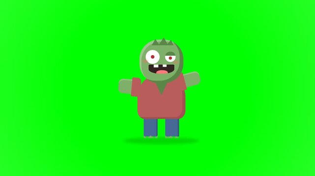 Funny Cartoon Zombie Character Dancing on Green Screen Background.
