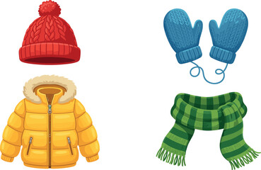 Winter Seasonal Clothing Vector Illustration Set Featuring Yellow Puffer Jacket Red Knit Beanie Cap Blue Wool Mittens and Green Striped Scarf © EdGe Creative