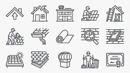 Fototapeta premium Minimalist Black and White Line Icons Set Featuring Construction Renovation and Home Improvement Activities