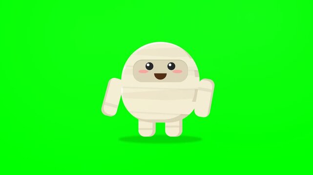 Cute Cartoon Mummy Character Waving Hello Animation on Green Screen.