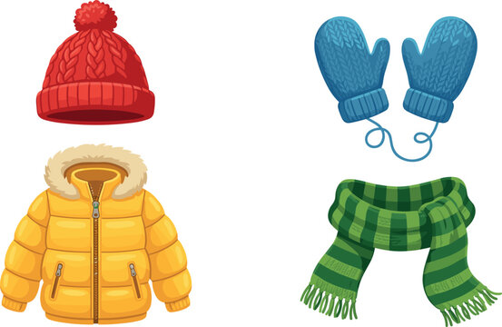 Winter Seasonal Clothing Vector Illustration Set Featuring Yellow Puffer Jacket Red Knit Beanie Cap Blue Wool Mittens and Green Striped Scarf