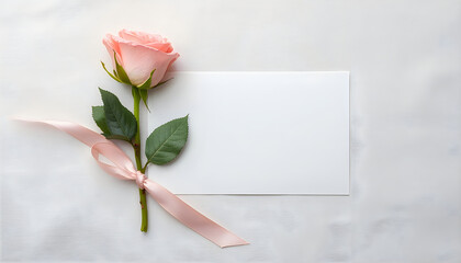Fototapeta premium Pink rose flower with a blank card and ribbon illustration
