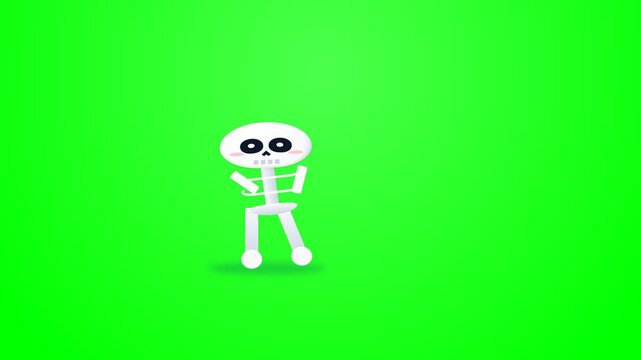 Funny Cartoon Skeleton Character Dancing on a Bright Green Screen Background.