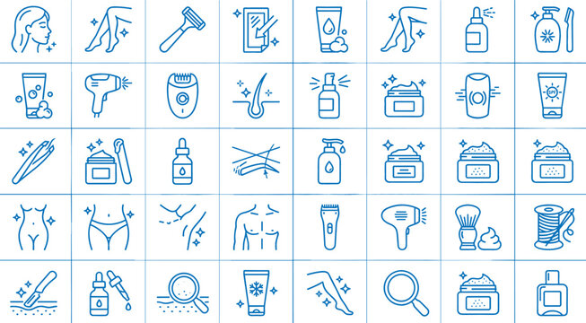 Hair removal icons with cream and tools on white background for beauty and personal care concepts