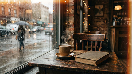 Fototapeta premium Steaming Cup of Coffee and Vintage Book on Wooden Table in Cozy Cafe on Rainy Day