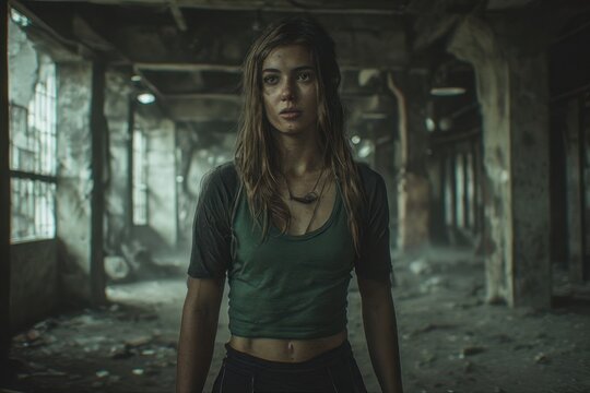 Young woman in abandoned building concept and fair expression, dirty clothing dark ambient