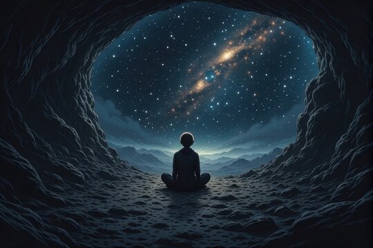 Silhouette of a man sitting on the cave with space galaxy sky night digital illustration concept