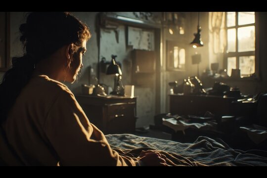 Man alone on the room with lighting through the window concept sunset living