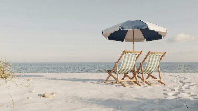 Two striped beach chairs sit under a blue and white umbrella