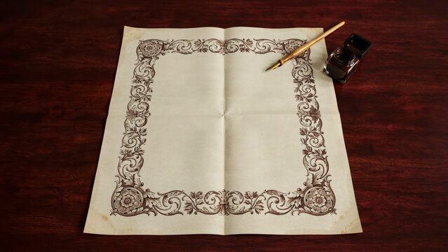 Vintage blank parchment paper with ornate floral borders and ink pen