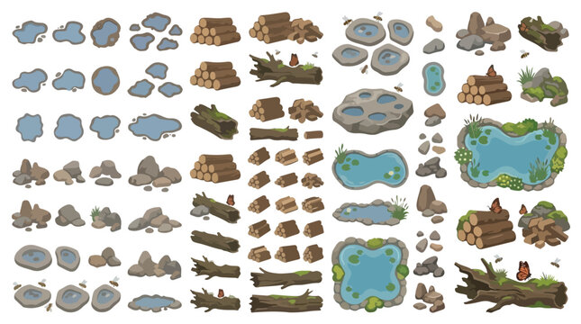 Isometric forest landscape elements, cartoon wood logs and rock piles vector set, natural pond and puddle icons for game design