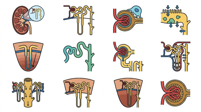 Medical illustration of kidney nephron structure and function diagrams.