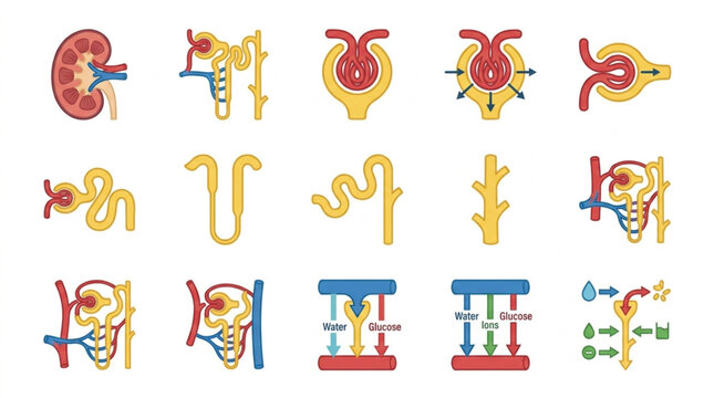 Set of medical illustrations depicting the human kidney and nephron anatomy.