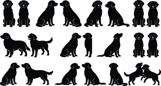 Set of black dog silhouettes in different poses and actions.