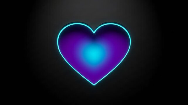 Blue neon heart pulsing with purple glow on black background