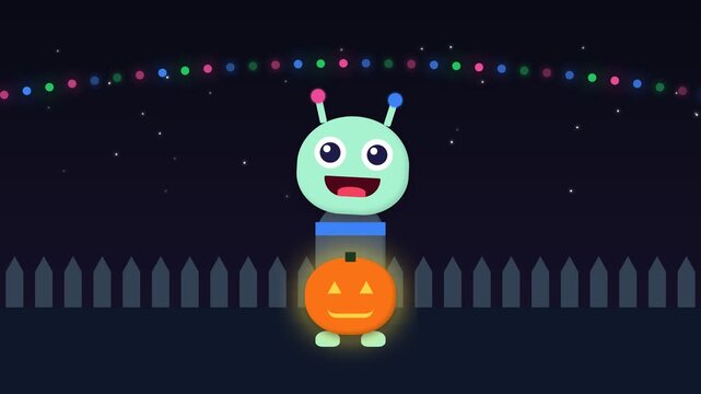Cute Cartoon Alien Character Celebrating Halloween with a Glowing Jack O Lantern.