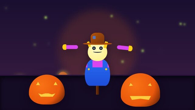 Animated Halloween Scarecrow and Jack O Lanterns in Nighttime Scene.