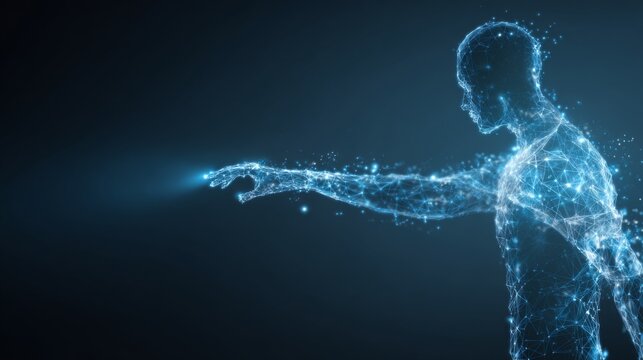 Futuristic Human Silhouette Created With Glowing Particles Reaching Out In A Digital World