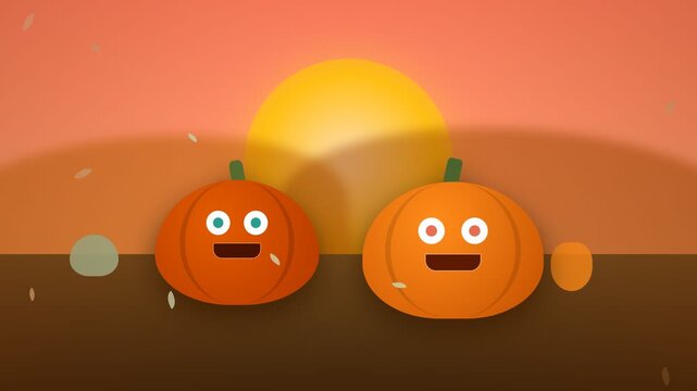 Animated Cartoon Pumpkins Celebrating Halloween in a Sunset Landscape.