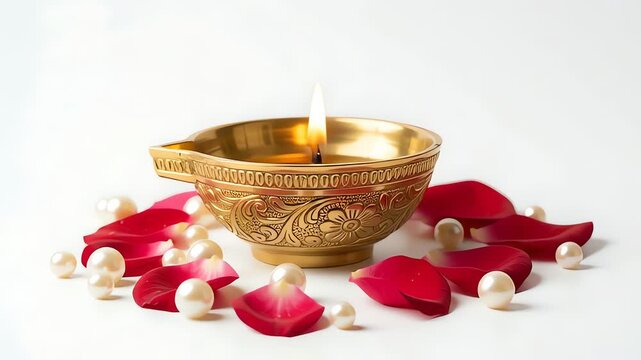 Burning brass diya oil lamp with rose petals and pearls